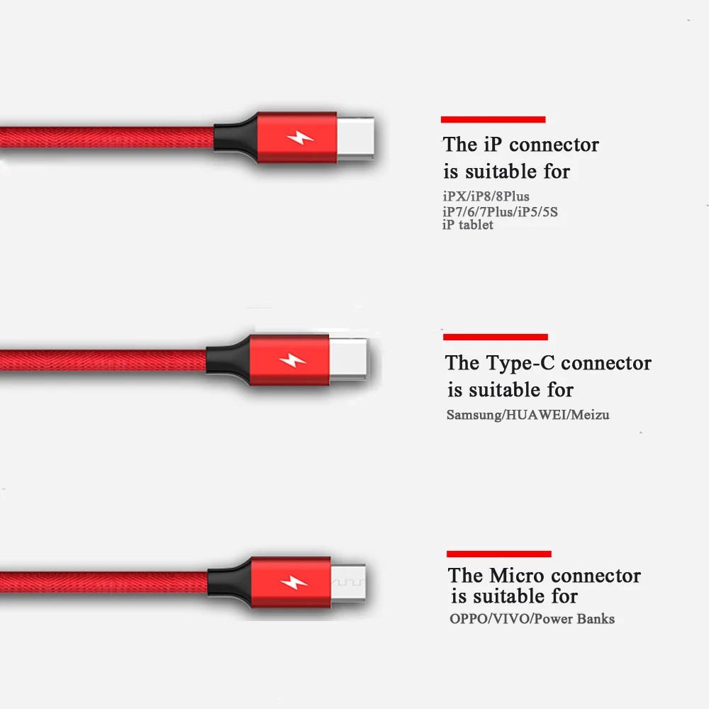 10 шт. 3 в 1 кабель для зарядки Micro USB Type C 8-контактный usb-кабель передачи данных 2 м