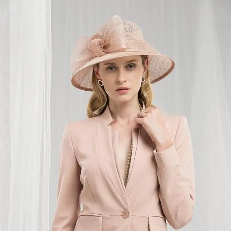 Pink Sinamay Hat Элегантная бежевая, белая, черная, розовая Женская шляпка с широкими полями, женская шляпа, элегантная, с большим бантом, льняная, свадебная фетра, Кентукки шляпа котелок - Цвет: Pink Sinamay Hat