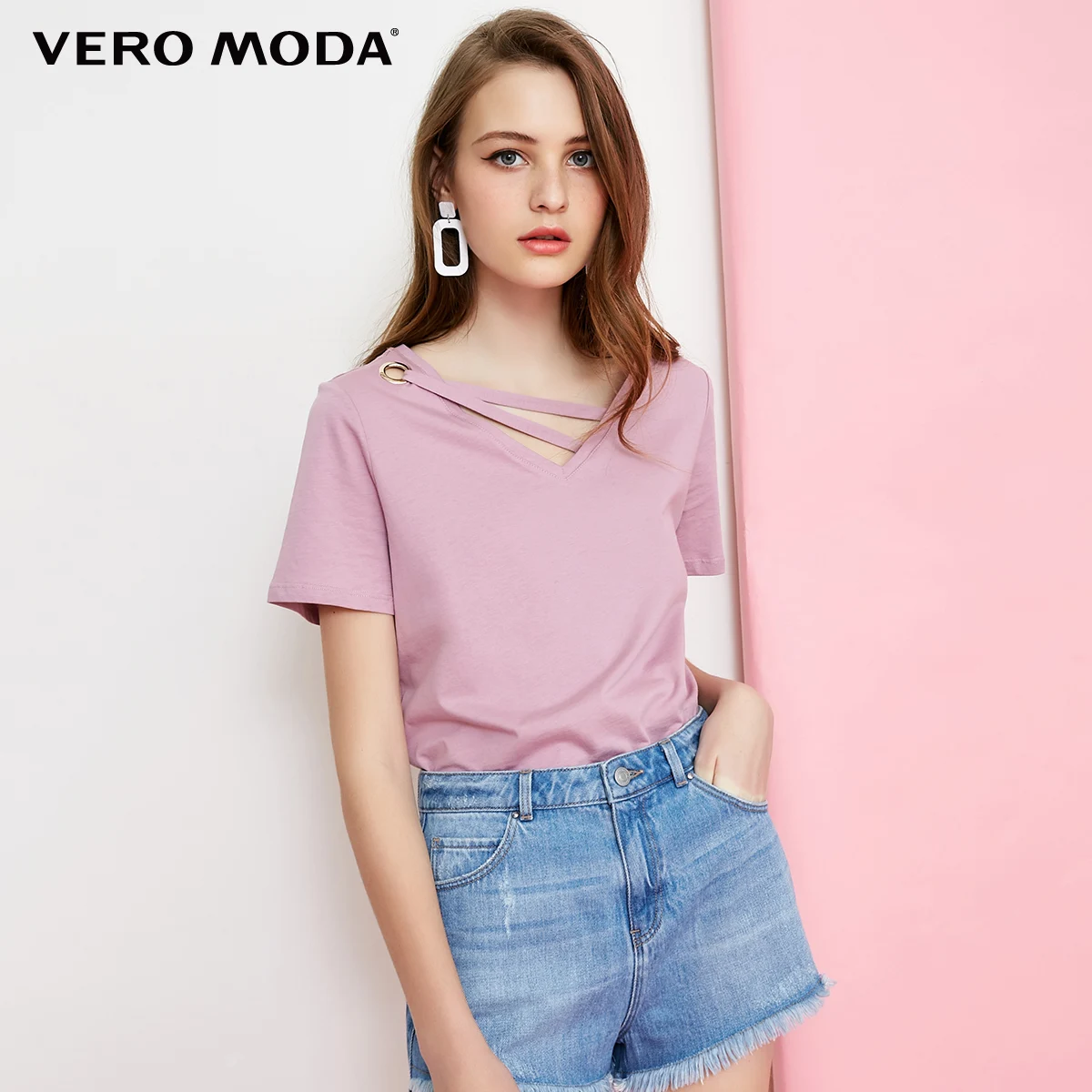 Vero Moda футболка женская 100% хлопок чистый цвет воротник Декоративная полоса