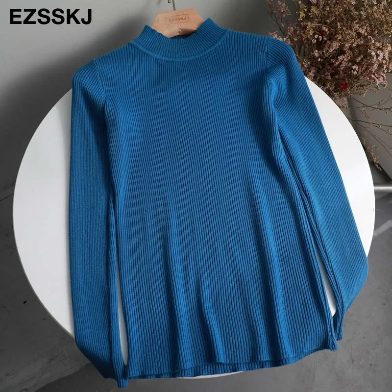 Royal blue Вязаный женский свитер с высоким воротом, пуловеры, водолазка, Осень-зима, базовые женские свитера, облегающие, черные - Цвет: Royal blue