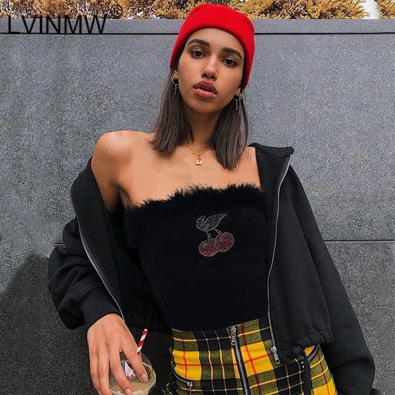 LVINMW, Сексуальный Топ без бретелек из флиса и меха, без бретелек,, летний женский топ, стразы, рисунок вишни, Женский Топ, уличная одежда