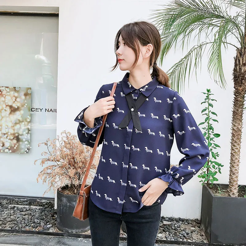 FEKEHA Autumn Women Chiffon Blouses 2019 Female Dog Print Clothing Bow Tie Flare Sleeve Office Shirt White Lady Cute Tops Blusas |
