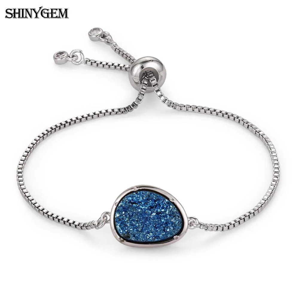 ShinyGem модные минеральные друзы Кристалл Регулируемые браслеты с шармами серебряный цвет цепи браслеты натуральный камень браслеты для женщин - Окраска металла: Blue