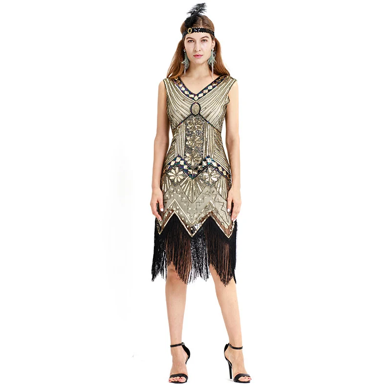 gold dress 1920s Flapper платье Great Gatsby вечерние платья с блестками и бахромой - Цвет: gold dress
