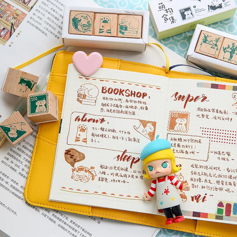Винтажная мультяшная печать Кот Набор Милые Diy Деревянные и резиновые штампы для