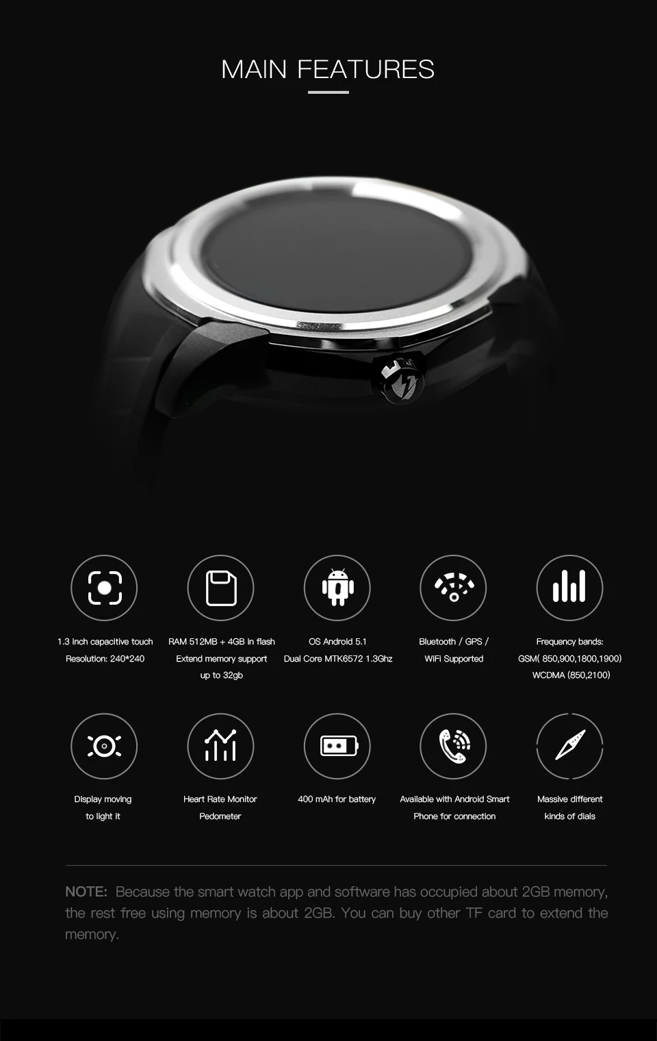 Смарт-часы Android 5,1 поддержка gps Wifi Bluetooth Процессор MTK6572 RAM512MB ROM4GB монитор сердечного ритма Поддержка до 32 Гб TF карта