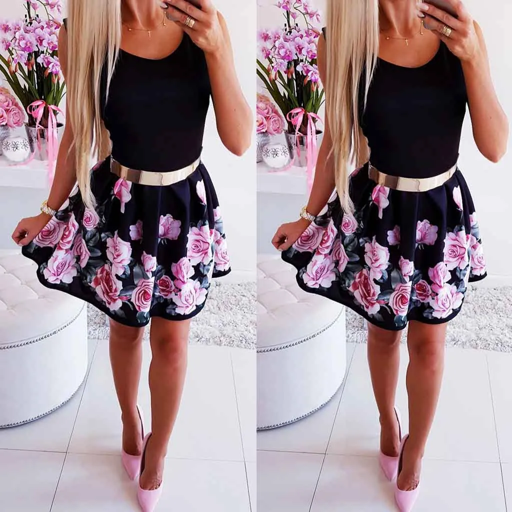 Женское летнее модное платье сексуальное с круглым вырезом и принтом розы