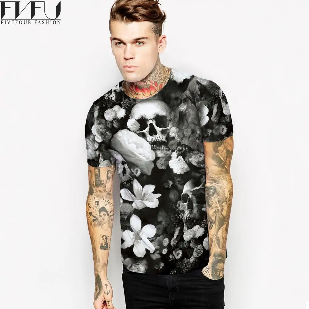 Мода 2017 г. футболка мужские черные черепа принтом летняя короткий рукав О