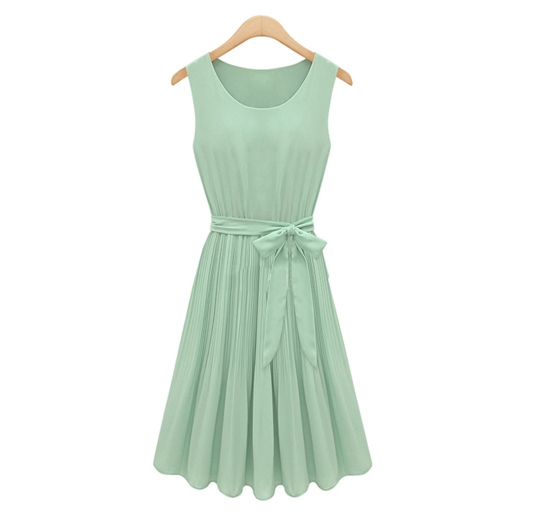 

Женское шифоновое платье, новое пляжное платье в европейском стиле, однотонное плиссированное платье без рукавов с круглым вырезом и банто...