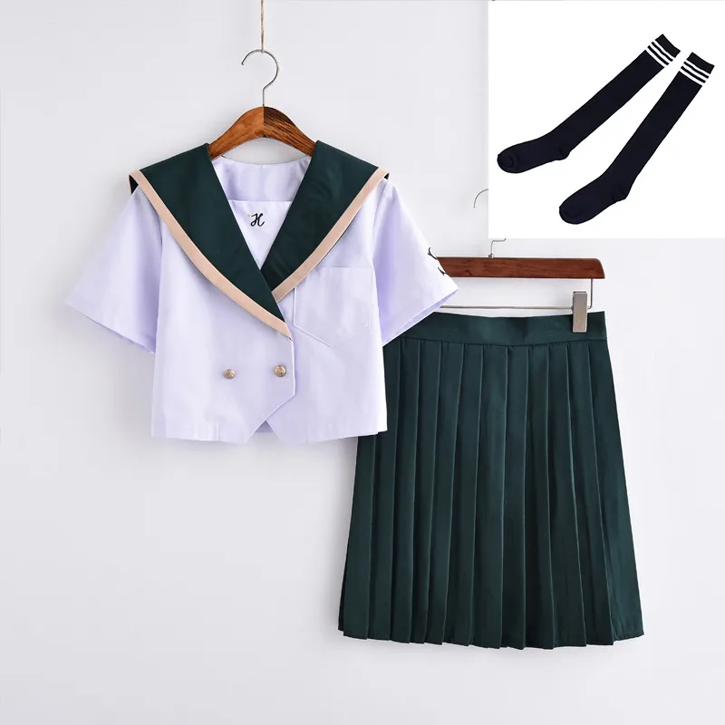Short Set With Socks Новое поступление зеленая японская школьная форма JK костюм моряка костюмы аниме Япония школьные женские наборы школьная форма костюм - Цвет: Short Set With Socks