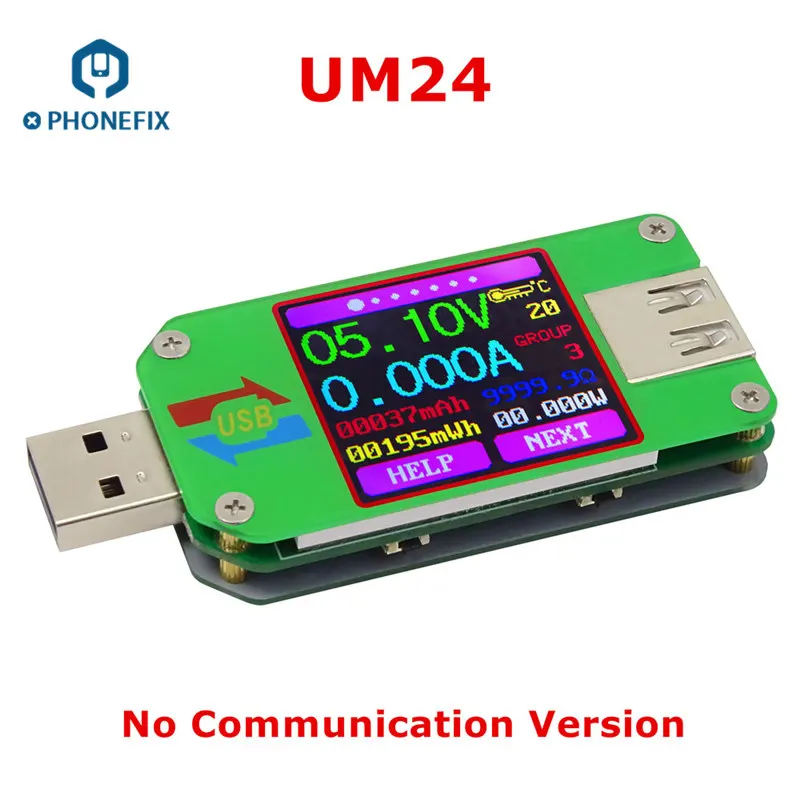 UM24 PHONEFIX UM24 UM24C USB 2,0 цветной ЖК-дисплей тестер напряжения тока Вольтметр заряда батареи измерения сопротивления кабеля - Цвет: UM24