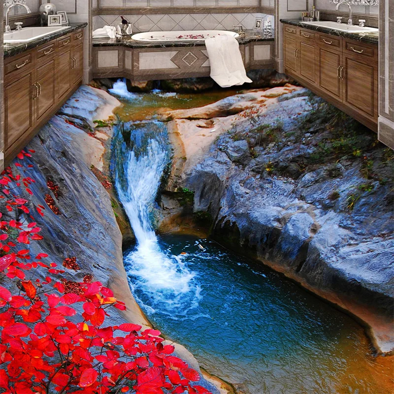 Фотобумага для стен 3D потоки гор красные листья унитазы ванная комната напольная