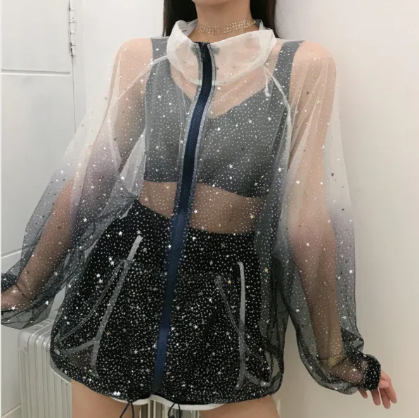 Синий Cheerart Прозрачный блестящий летний кардиган блузка куртка женская градиентная звезда принт прозрачная свободная Корейская блузка - Цвет: Синий