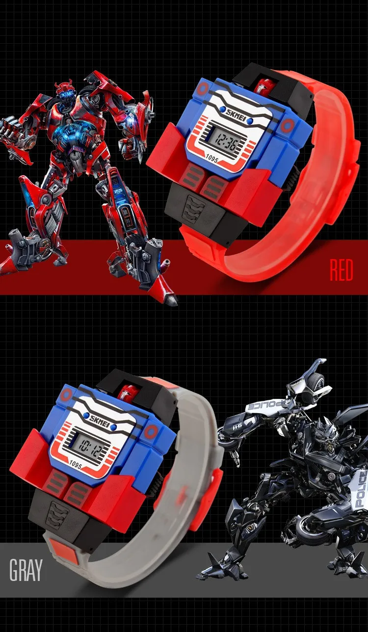 Fashion LED Digit Kids Children Watch Sports Cartoon Watches Cute Relogio Relojes Robot Transformation Toys Boys Wristwatch 1095