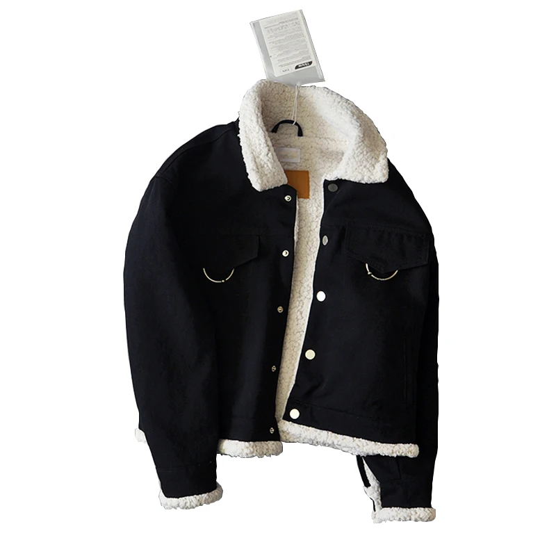 Осенние женские черные джинсовые флисовые куртки из овечьей шерсти теплые
