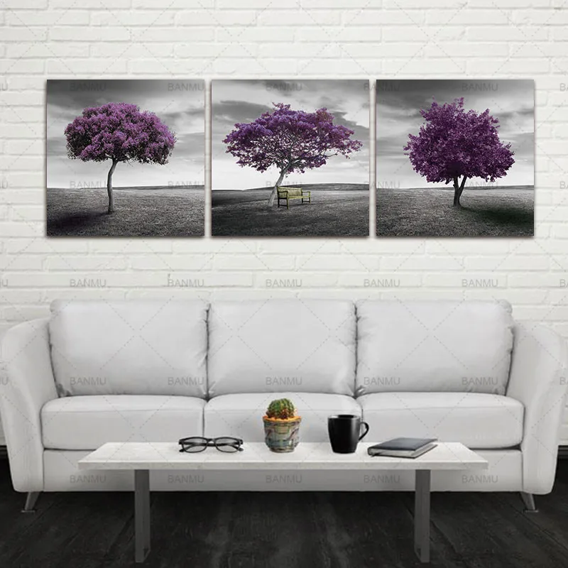 

canvas 3 Piece Free Shipping Modern Wall Art Home Decoration Purple Tree Large Living Room Oil Painting Picture on Canvas Prints