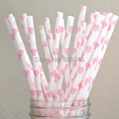 

100pcs Mixed Colors Pink Heart Paper Straws, Cheap Colorful Pretty Printed Valentine's Day Party Supplies Paper Drinking Straws
