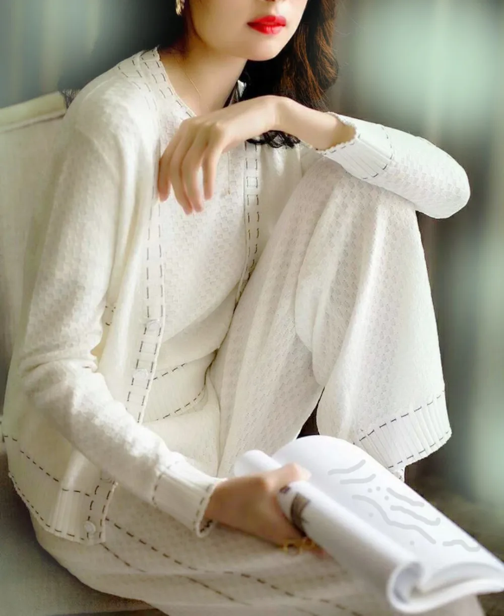 Temperament Sweater Wide leg pants 3 Piece Set female 2019 Autumn Winter New Jacquard Cardigan +short-sleeved Pullovers Sets |