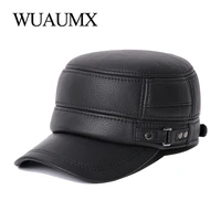 wuaumx new cowskin genuine leather military hats for men warm earflap hat cowhide cap cow leather flat top baseball cap for male