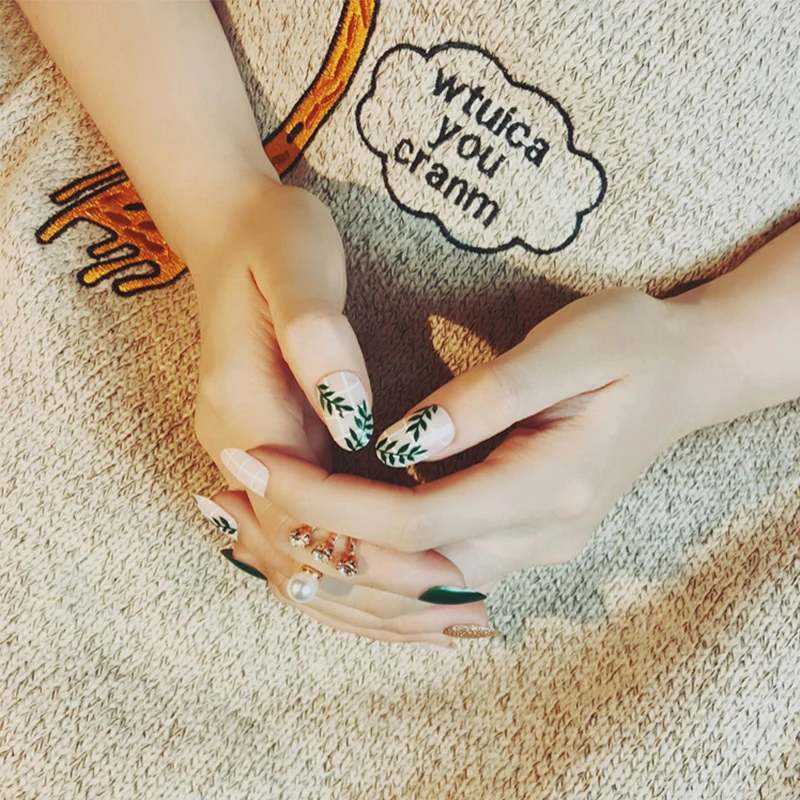 24 шт./компл. Летний зеленый лист узор накладные ногти Pre-дизайн круглая голова