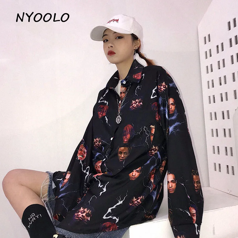 NYOOLO Harajuku стиль уличная пародия Европа Аватар молния печати рубашка свободная с длинным рукавом рубашка Женская/мужская одежда топы - Цвет: Черный