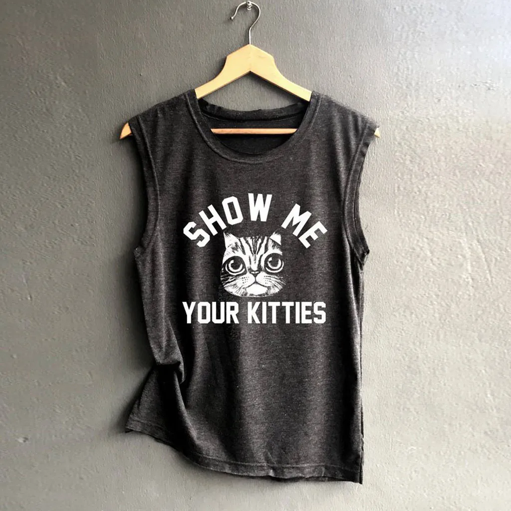 Black 1 Haut Sexy Lady Harajuku Summer Shorts Sleeveless Tops Female Funny Cat Printed Vest Camisetas Verano Mujer Drop shipping c - Цвет: Black 1
