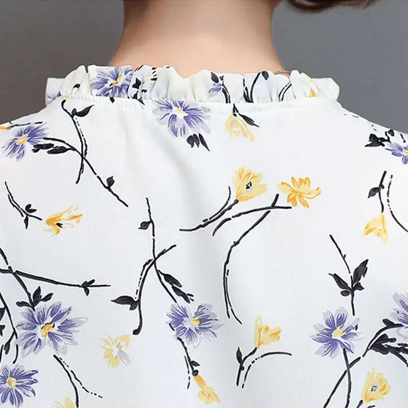 Женская шифоновая блузка с цветочным принтом рубашка расклешенным рукавом