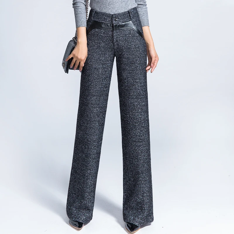 

Women Formal Straight Pants Office Lady Wide Leg Wool Trousers High Waist Woolen Flare Pants Capris Work Wear Casual Pants Thick