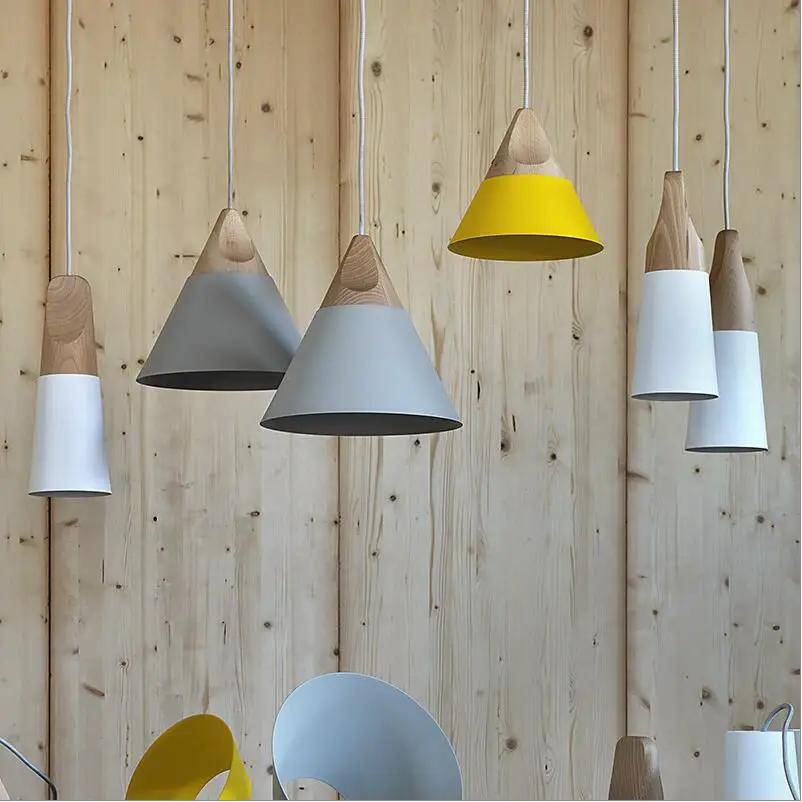 Дешевые современные деревянные алюминиевые желтые/серые подвесные светильники