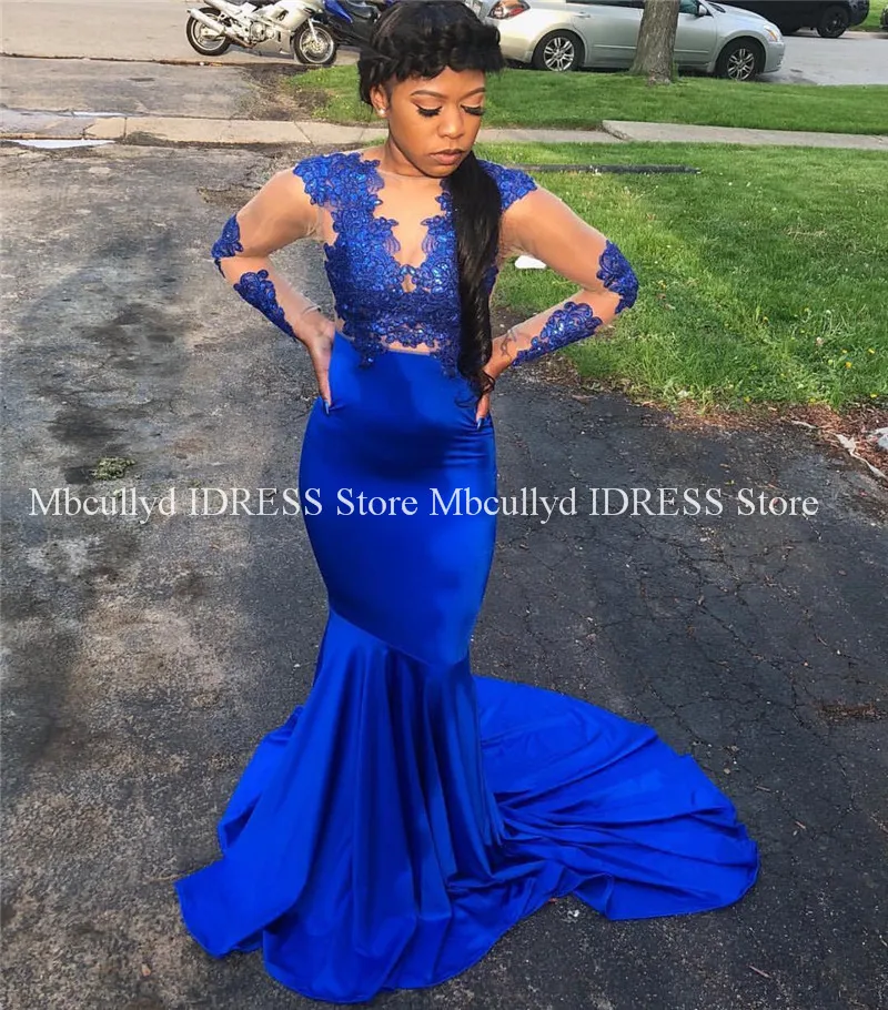 Женское вечернее платье русалка элегантное синего цвета с длинным рукавом в