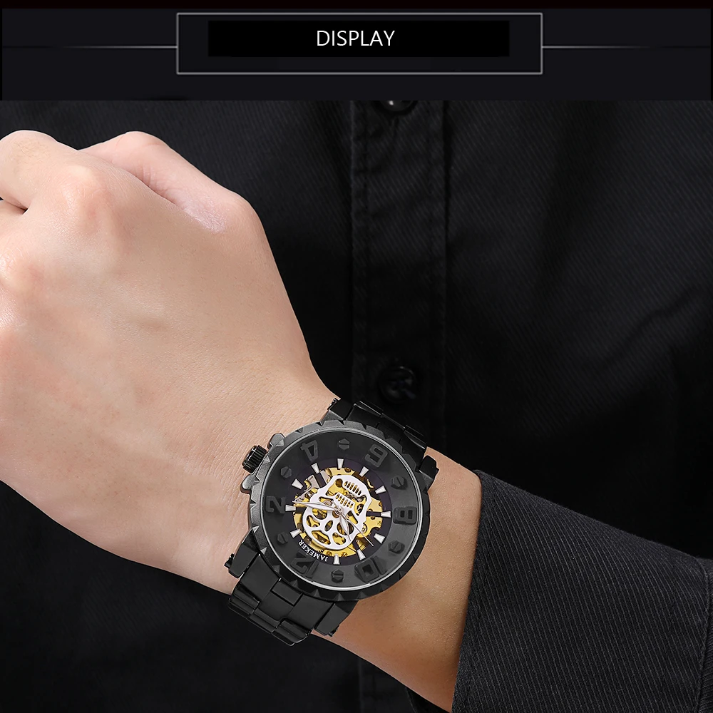 Черные мужские часы повседневные автоматические механические в стиле стимпанк