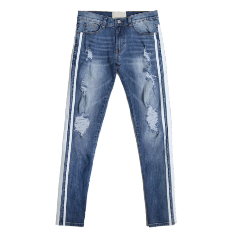 Мужские Узкие рваные джинсы с дырками классические потертые в полоску|ripped jeans|ripped