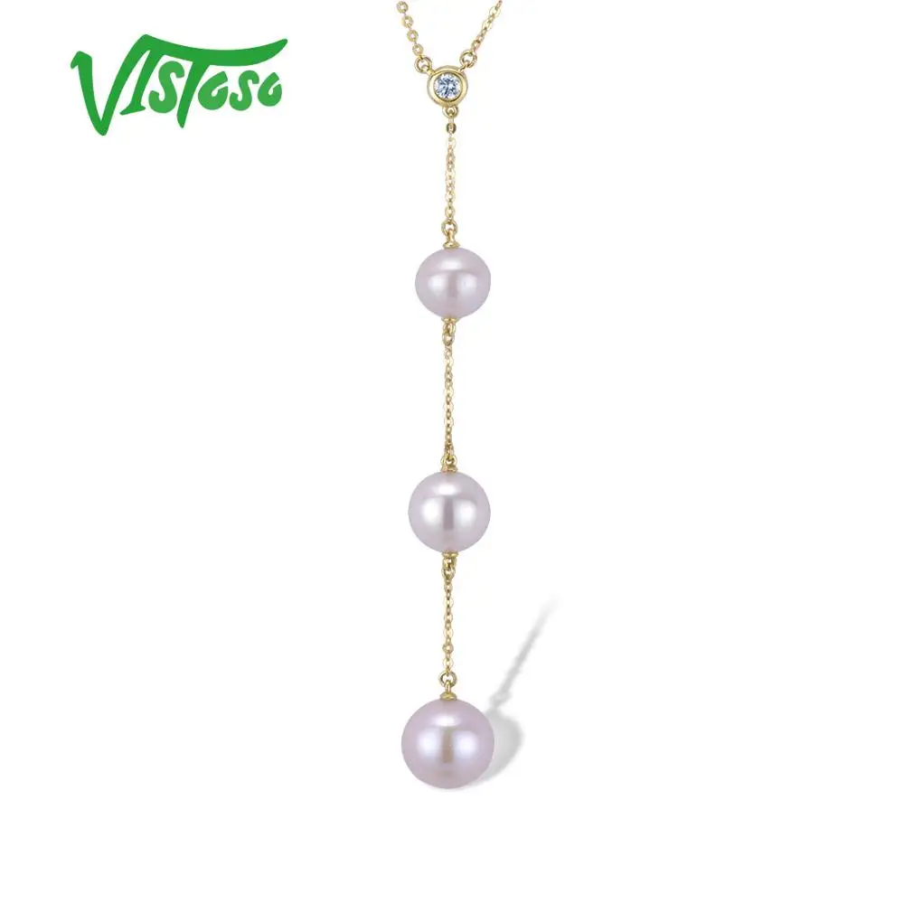 14K Yellow Gold VISTOSO золотое ожерелье для женщин, Настоящее 14 к 585 розовое/белое/желтое золото, пресноводное белое жемчужное бриллиантовое ожерелье, хорошее ювелирное изделие - Цвет камня: 14K Yellow Gold