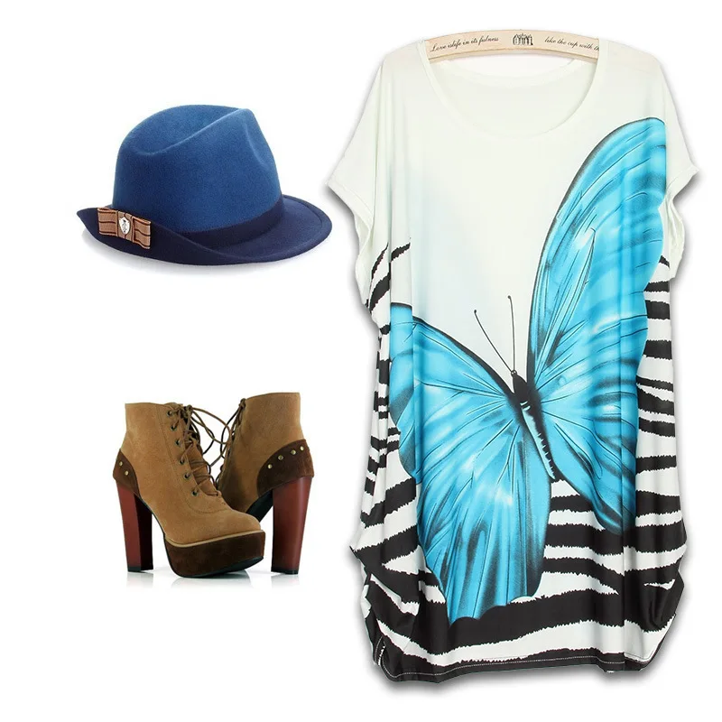 new 2018 women summer casual dress plus size clothing butterfly printed short sleeve o-neck cute fashion loose big l-5XL | Женская
