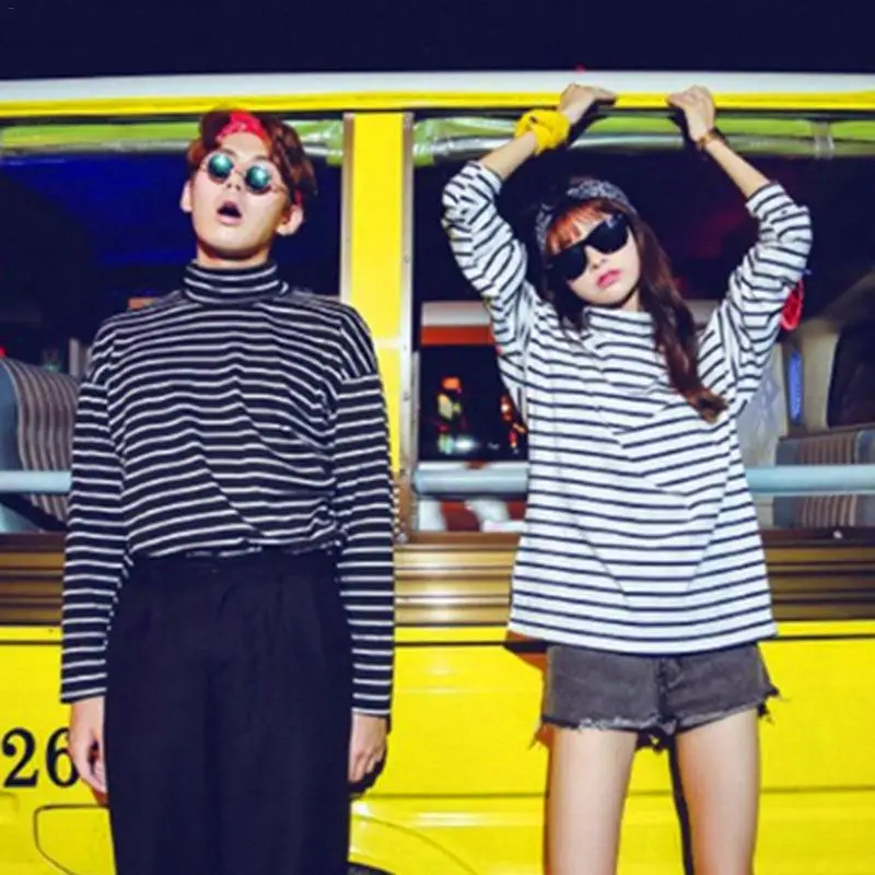 Women's Clothing High Quality Autumn Shirt Stripes Hoodies Sweatshirts Casual Black White Striped Thin Bottoming T-shirts | Женская