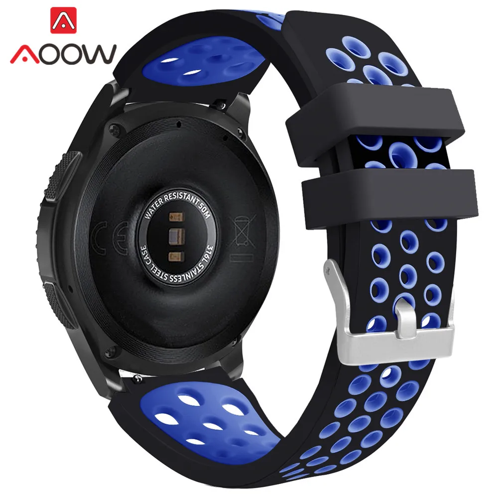 Black blue 22 мм силиконовый ремешок для часов samsung Galaxy Watch 46 мм версия отверстия резиновый сменный Браслет ремешок для SM-R800 серебристый - Цвет ремешка: Black blue