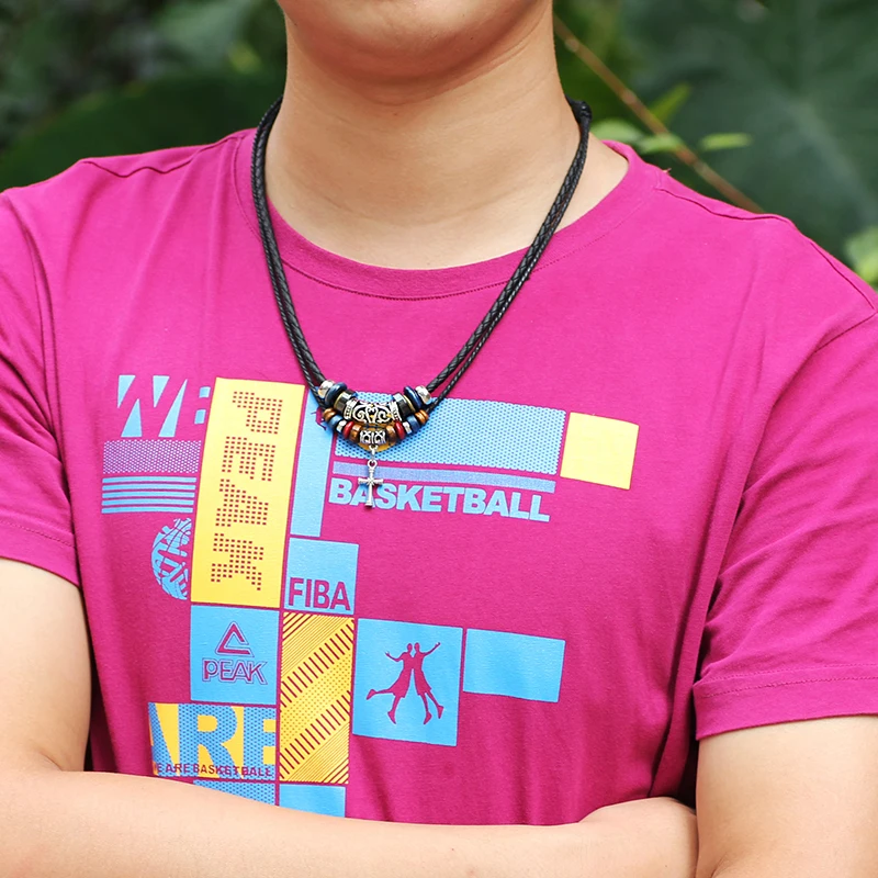 Мужское кожаное ожерелье короткое крест кулон из бисера двойное