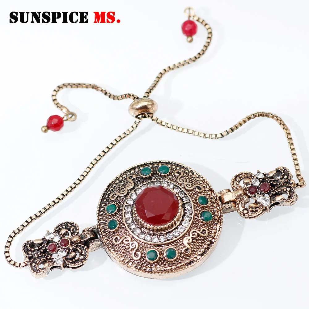 ll0003redgreen SUNSPICE MS Дубай этнический скользящий браслет для женщин Турецкая Свадебная цепочка на запястье Античный Золотой Цвет бусины в стиле бохо ювелирные изделия - Окраска металла: ll0003redgreen