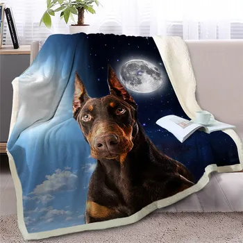 BlessLiving 3D Dog Sherpa Blanket on Bed German Shepherd Dog Throw Blanket Animal Bedspreads Day and Night Sky Moon Sofa Cover 2