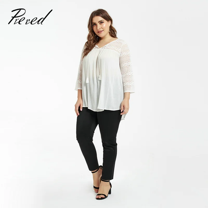 Women's T-shirt Lace Long Sleeve Large Size Solid Color splice perspective V-Neck Spring and Summer Loose casual High Street Top | Женская