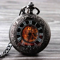 retro hand wind mechanical pocket watch with fob chain mens hollow skeleton dial black steel fashion quartz pocket watch gifts