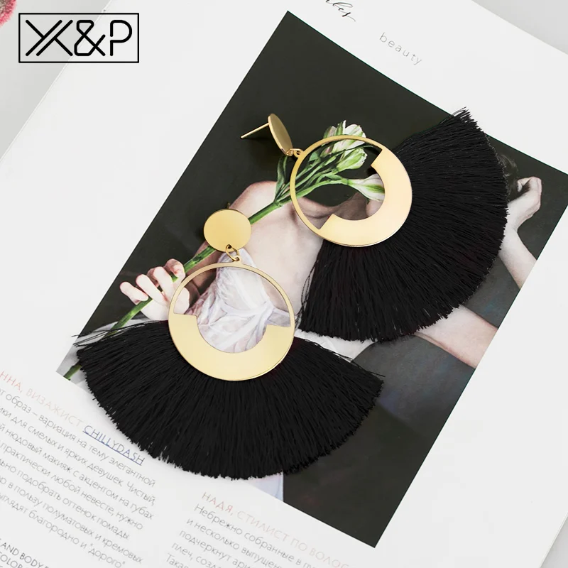 Black 2 X& P модные богемные серьги с большими кисточками для женщин трендовые массивные крупные висячие серьги с бахромой Za Pendientes ювелирные изделия - Окраска металла: Black 2