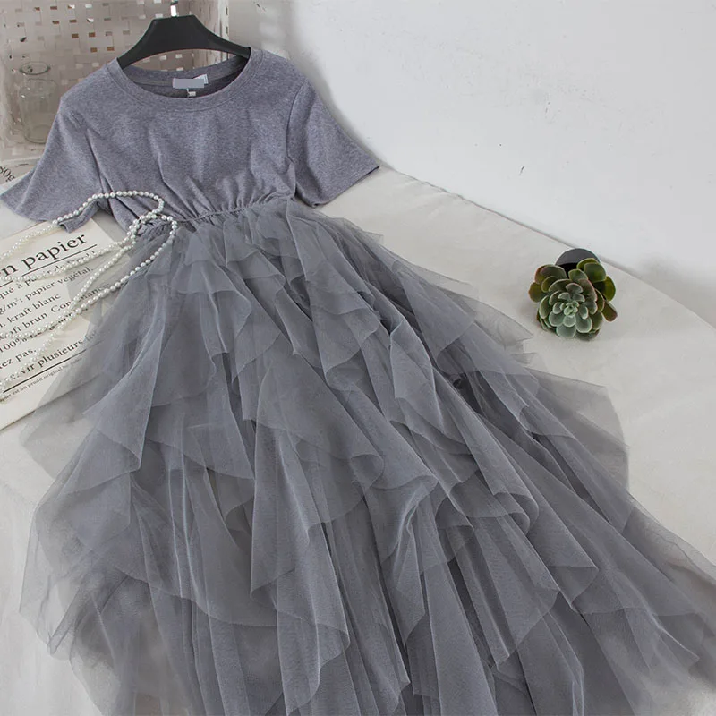 2019 Новый Модный женский гофрированный с сеткой платье длинные высокой талией и