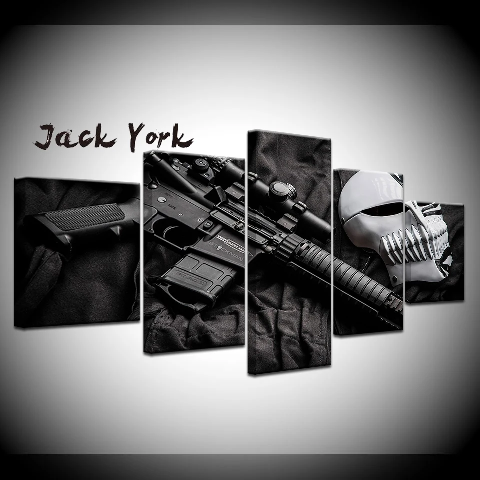 

Canvas Painting Monochrome Machine gun and mask 5 Pieces Wall Art Painting Modular Wallpapers Poster Print Home Decor