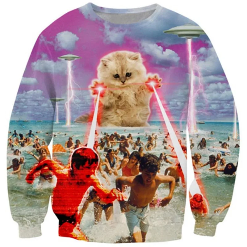 

Cloudstyle 2021 Funny Animal 3D Sweatshirts Men Longsleeve Laser Cat Pizza Cat Print Fashion Pullover Harajuku Streetwear Tops