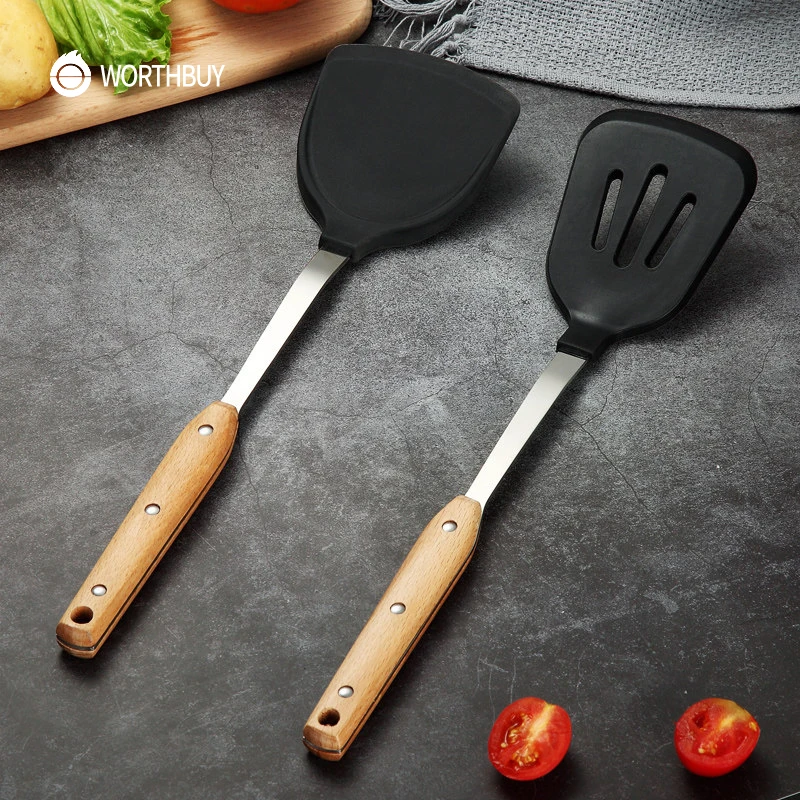 WORTHBUY Kitchen Cooking Utensils Non-stick Silicone Spatula Turner For Kithcen Non-Slip Kitchenware With Wooden Handle | Дом и сад