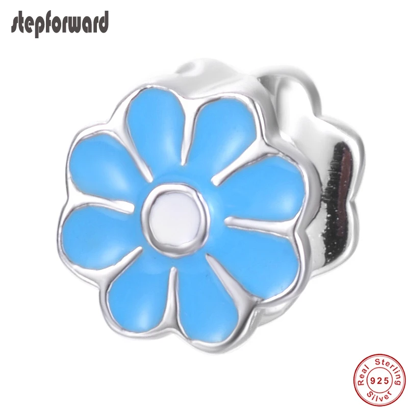 

Beautiful Blue Flower Design 100% 925 Sterling Silver Nice Flower Charms fit Original Bracelets & Necklaces DIY Jewelry Gift