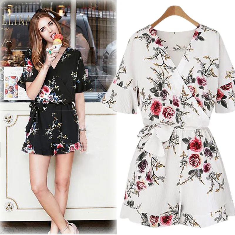 Женский шифоновый комбинезон с V образным вырезом и коротким рукавом|Комбинезоны