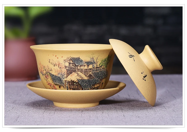 150 мл Authentic фиолетовая глина yixing Gaiwan пион/Пейзаж узор пиалы для чая ручной работы натуральный НЕОБРАБОТАННАЯ руда Сегмент грязи посуда