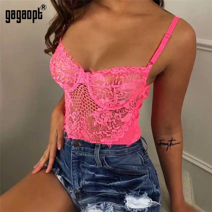 Gagaopt, Кружевное боди с открытой спиной, прозрачное Женское боди, сексуальное боди, женские комбинезоны с бретельками - Цвет: Nenon Pink